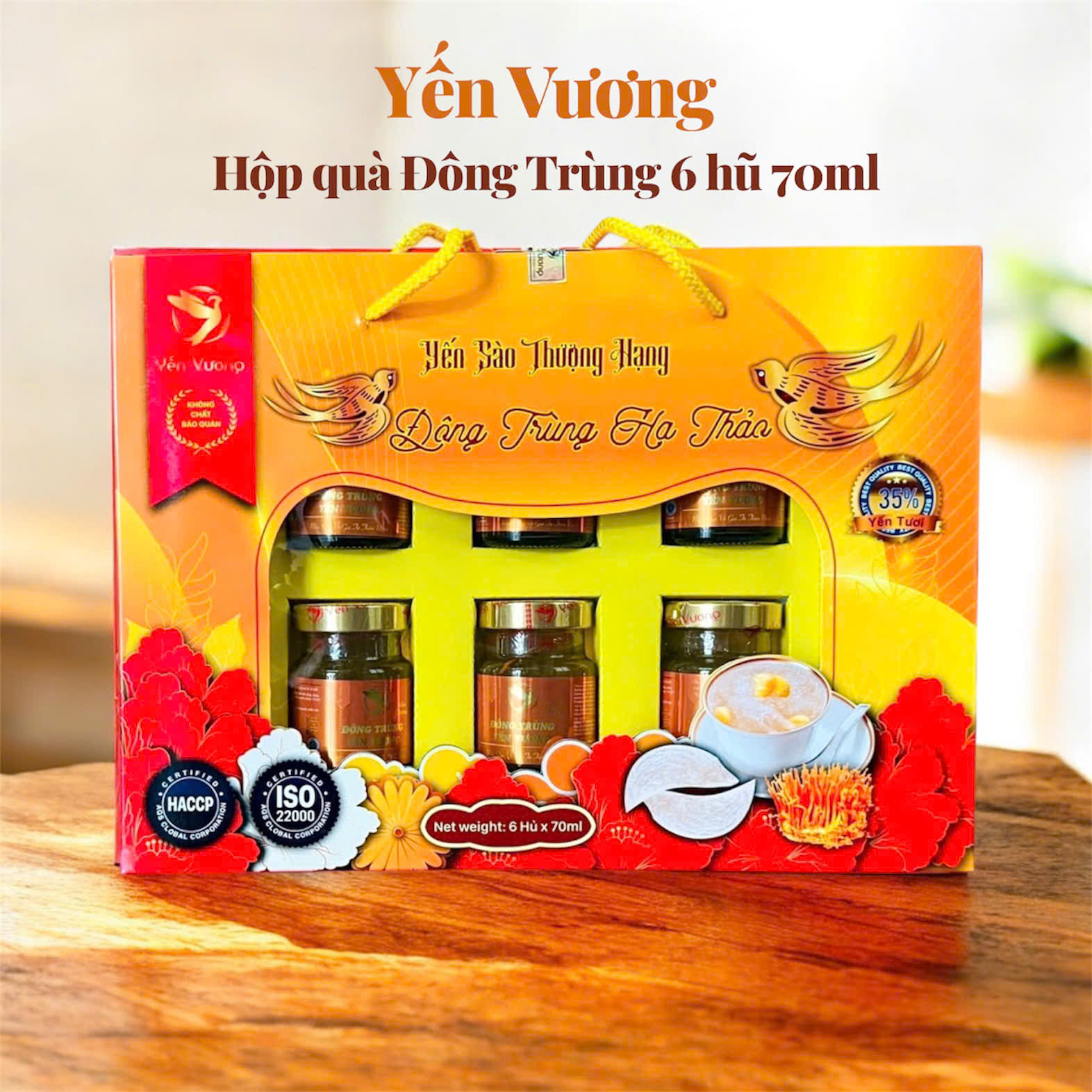 Hộp quà lớn 6 hũ yến Vương 70ml Đông Trùng